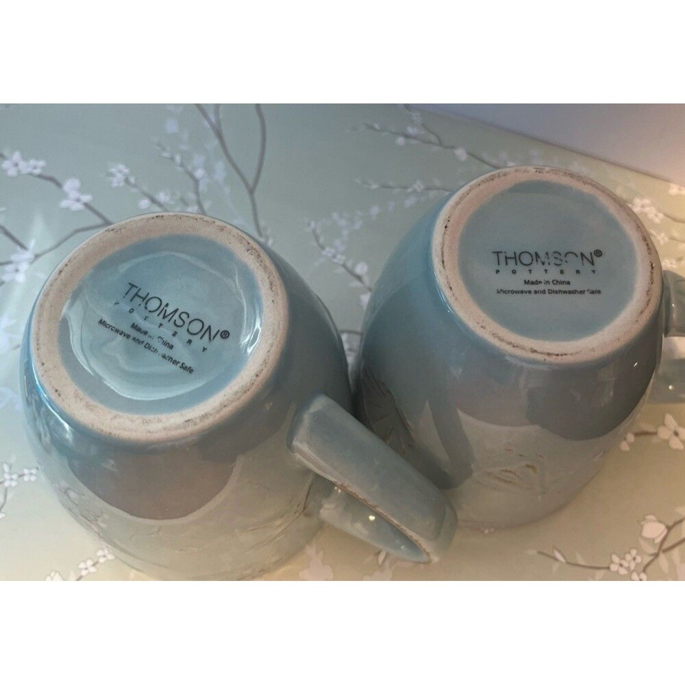 Thompson Pottery Hampton Cape Cod Aqua Blue Sea Shell Coffee Mugs Set of 2 - Picture 6 of 6